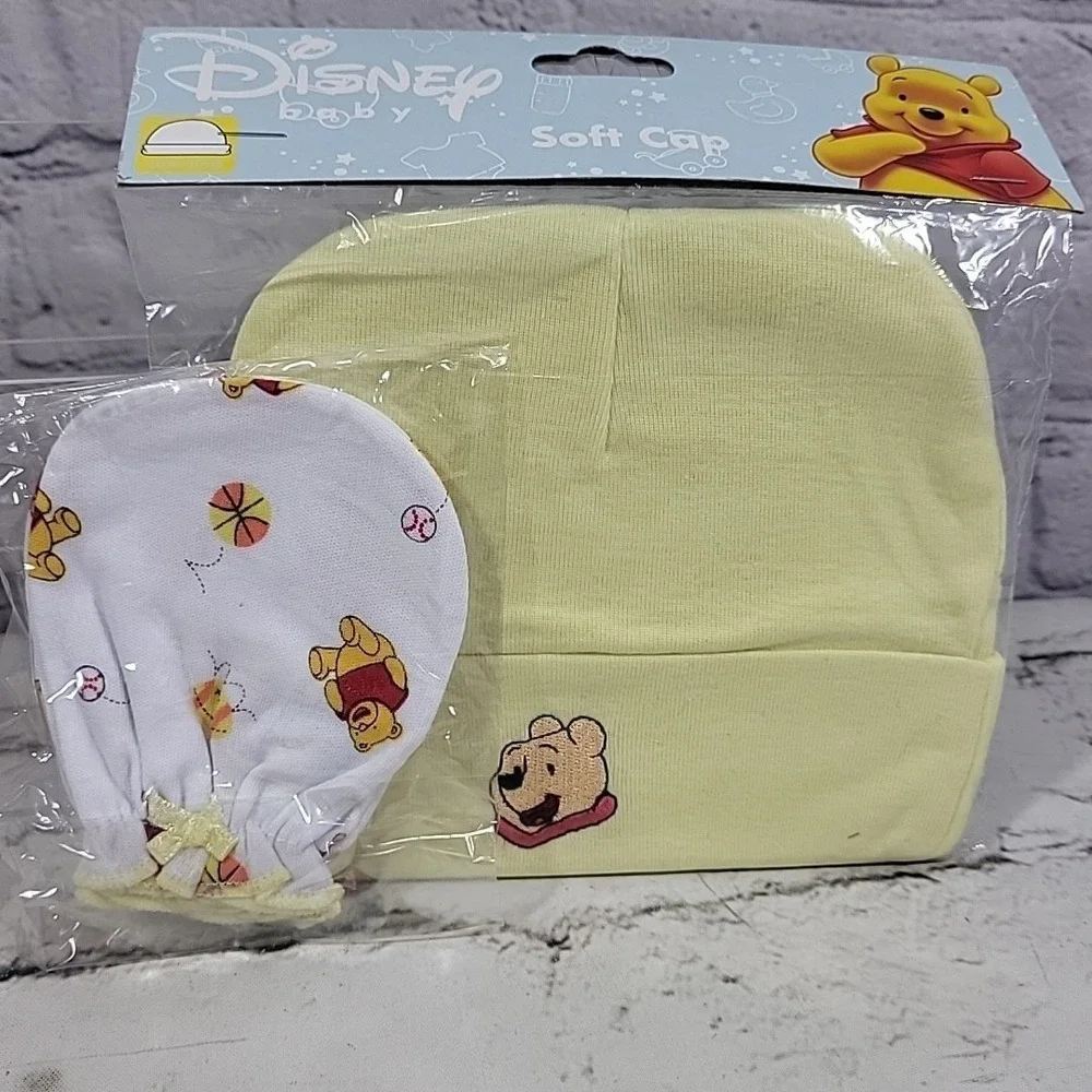 Disney Baby Winnie The Pooh Infant Soft Cap‎ Hats Mittens Lot Blue Green Yellow